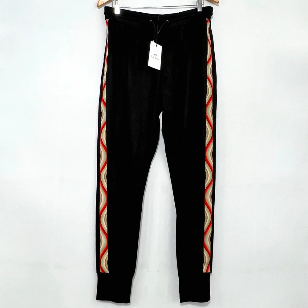 NWT Paul Smith Joggers Track Pants in Black with Swirl Stripe Women's Size XL - Picture 2 of 12